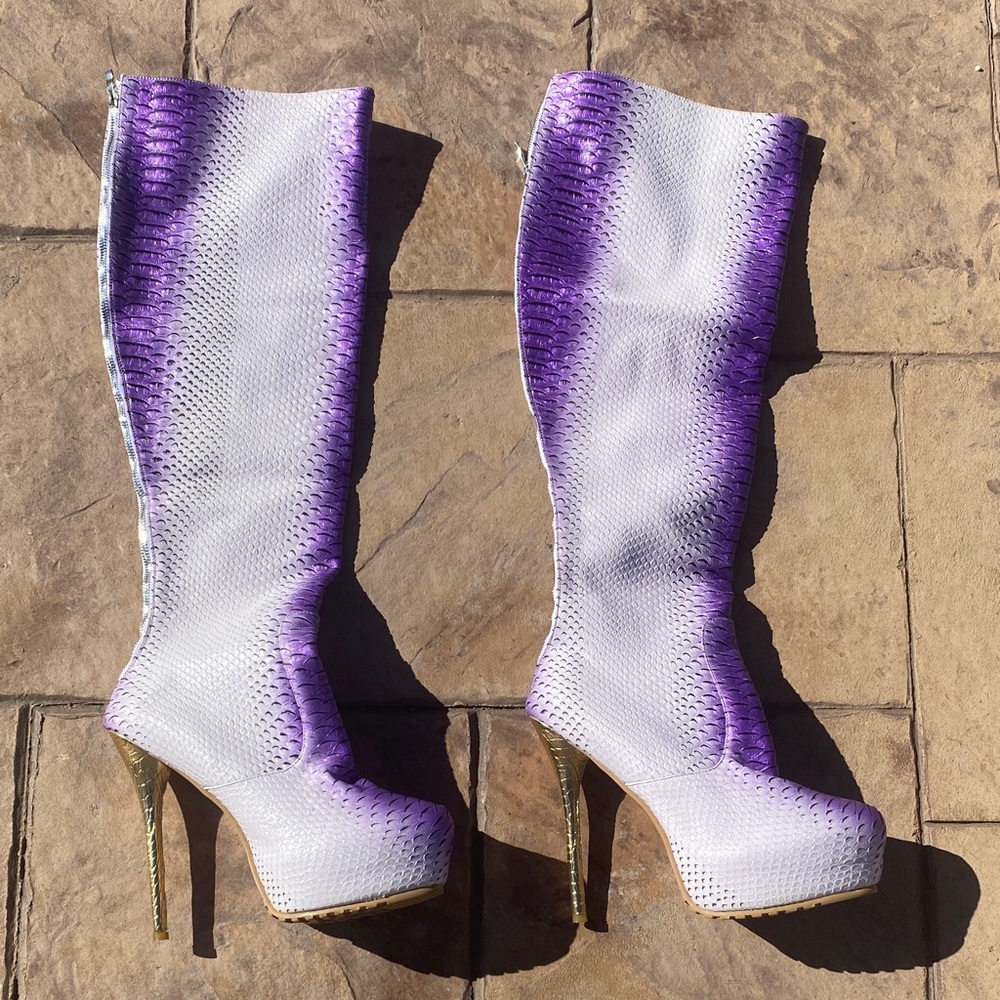 Purple and White Knee-High Women's Boots